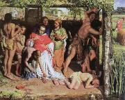 a converted british family sheltering a christian priest from the persecution of the druids, William Holman Hunt